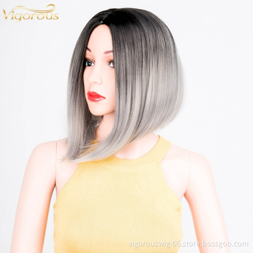 High quality wholesale premium vendor ombre silver short straight wavy hair synthetic heat resistant wig lace front black women